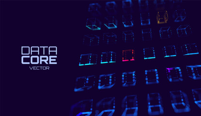 Fototapete - Big Data 3D Cubes Quantum Computer Server Concept Background. 3D Blockchain Cube Blocks Concept. Data Core Abstract Cubes. Artificial Intelligence HUD Design Element.