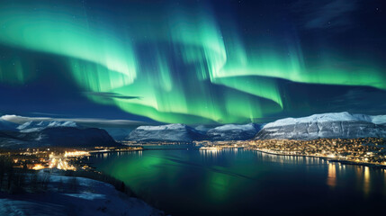 purple and green aurora / northern particle lights over tree line, in the moiuntain. snow winter bac
