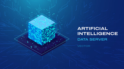 Fototapete - Artificial Intelligence 3D Cube Isometric Icon. Big Data Server Storage. Machine Learning Algorightms and Data. Technology and Computer Science Icon Design. Vector Illustration.