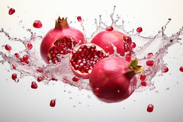Wall Mural - Pomegranate fruits in the air. falling, flying fruits and a splash of juice. white background.
