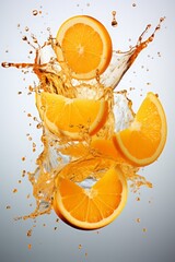 Wall Mural - oranges in the air. falling, flying fruits and a splash of juice. white background.