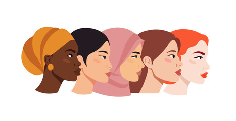 Wall Mural - Women. Group of Women of different Ethnicity, Religion, skin color and hair. Concept for equality, international women's day, activism, feminism. Portraits of different women in profile.