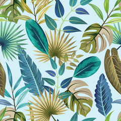 Wall Mural - Tropical leaves seamless pattern on light background. Elegant exotic background