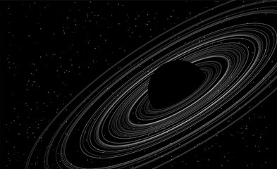 Leinwandbilder - Black Spiral Black Planet with Rings. Black Hole Background. Universe and Starry Concept. Minimal Art Style Vector Space Illustration.