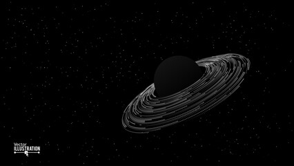 Leinwandbilder - Black Stylized Saturn Planet with Rings. Black Hole Background. Universe and Starry Concept. Gravity Circles. Minimal Art Style Vector Space Illustration.
