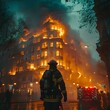 Firefighter in action during nighttime building blaze. urban hero battling flames. emergency response scene. generative AI