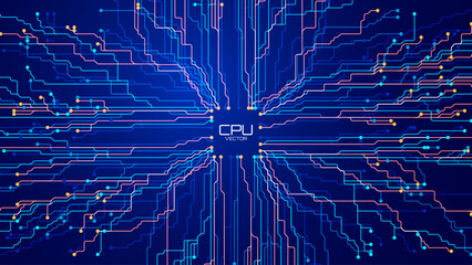 Fototapete - Abstract CPU Computer Microchip Technology Circuit Board Background. Digital Data Transfer through Tech Lines. Motherboard Digital GPU Chip Blue Banner. Cyber Vector Illustration.