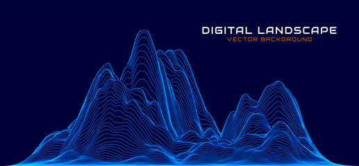 Poster - Blue Wireframe Mountain Landscape Wire. 3D Topographic Map Background Concept. Geography Concept. Abstract Smooth Lines Design. Tech Wavy Backdrop. Space Game Surface HUD Design Element.