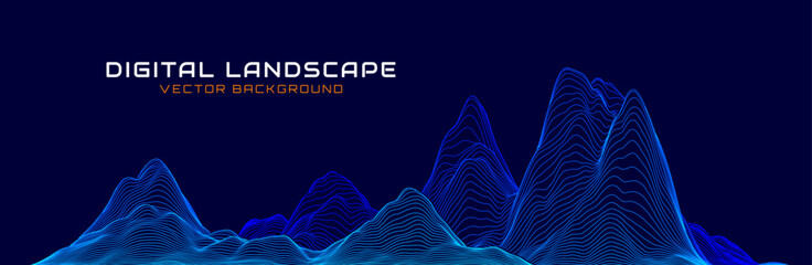 Leinwandbilder - Blue Wireframe Mountain Landscape Wire. 3D Topographic Map Background Concept. Geography Concept. Abstract Smooth Lines Design. Tech Wavy Backdrop. Space Game Surface HUD Design Element.