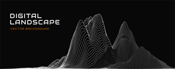Leinwandbilder - Abstract Digital Wireframe Landscape Wire Lines. 3D Topographic Map Background Concept. Geography Concept. Wavy Lines Backdrop. Space Surface HUD Design Element. Vector Illustration.