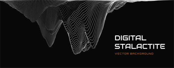 Fototapete - Black and White Wireframe Stalactite Cave. Abstract Fluid Lines Design. 3D Topographic Map Background Concept. Geography Concept. Tech Wavy Backdrop. Space Game Surface HUD Design Element.