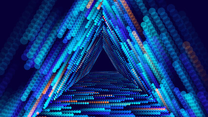 Wall Mural - Triangle Frame Border Blue Lights DJ Party Flyer Background. Triangle Tunnel Big Data Backdrop Data Flow Particles Moving with Trails. Vector Illustration.