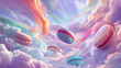 pastel macarons whirling and separating into their radiant hues, surrounded by swirling vortexes of pastel-colored clouds and shimmering ethereal light in a mesmerizing 3D fantasy landscape.