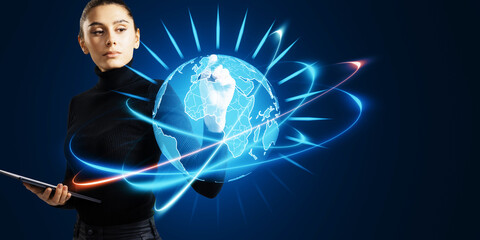 Wall Mural - Attractive young woman using glowing futuristic blue globe hologram on blurry background. Digital innovation and technology concept.