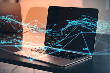 Sticker - Close up of workplace with laptop and creative glowing polygonal interface on blurry background. Technology, innovation and network concept. 3D Rendering.