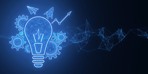 Poster - Glowing blue lightbulb, cogwheel and arrow hologram. Innovation and creative idea concept. 3D Rendering.