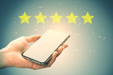 Poster - Close up of female hand holding tablet with 5 star rating on blurry background. Mock up. Customer service and excellent feedback concept.