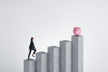 Canvas Print - Side view of young woman climbing blocks to piggy bank on light background. Financial growth, investment and savings concept. Mock up place.