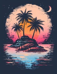Wall Mural - A scenic view of a sunset with palm trees silhouetted against the sky, highlighting a small island in the background
