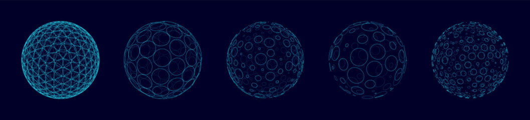 Aufkleber - Circle Lines on 3D Spheres. Global Digital Connections. 3D Wireframe Sphere Symbols Illustration. Abstract 3D Design. Technology Science Style Vector Background.