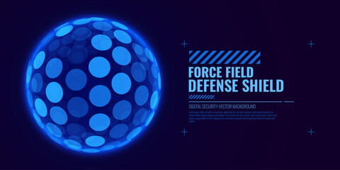 Aufkleber - Geometric Dome Shield on a Dark Background. Futuristic Glowing Protection 3D Sphere. Technology Style HUD Design Element. Circles Force Field Shield. Vector Illustration. Digital Security Concept.