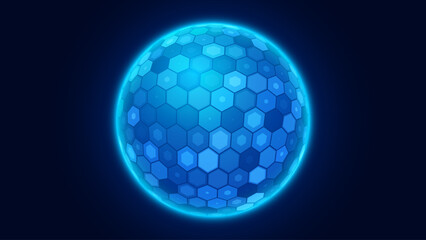 Aufkleber - Geometric Dome Shield on a Dark Background. Futuristic Glowing Protection 3D Sphere. Technology Style HUD Design Element. Hexagon Force Field Shield. Vector Illustration. Digital Security Concept.