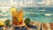 © pham - A glass filled with lemonade and sliced limes rests on a rustic wooden table
