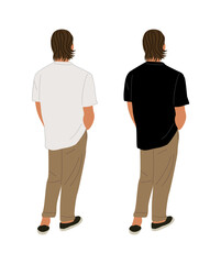 Stylish man wearing casual street fashion outfit, white, black t-shirt, jeans, sneakers. Modern male character standing full body rear, back view. Tshirt mockup. Vector illustration isolated.