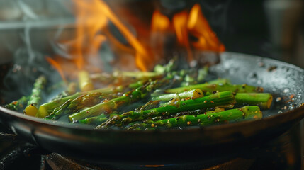 Asparagus being stir-fried in a pan