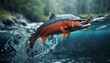 A salmon leaps energetically from the waters of a river with a dynamic splash