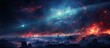 A surreal painting depicting a galaxy with a city in the foreground, set against a dramatic sky filled with swirling clouds and a distant horizon