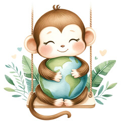 Wall Mural - cute monkey earth day, monkey clipart, green earth day,save the world,