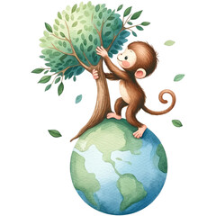 Wall Mural - cute monkey earth day, monkey clipart, green earth day,save the world,