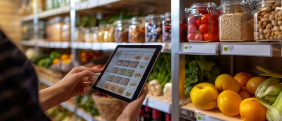 Nutrition consultation session in progress, where a nutritionist uses a tablet to show a client interactive meal planning software app against a background of a well-stocked healthy pantry.