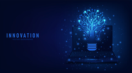 Poster - Innovation. Idea and solution technology concept. A light bulb from dot circuit board on the dark blue. Abstract cyber and digital computer innovation concept. Business innovation and creative idea.