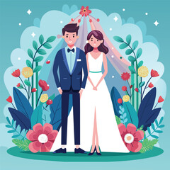 Wall Mural - wedding couple with flowers and plants vector illustration design