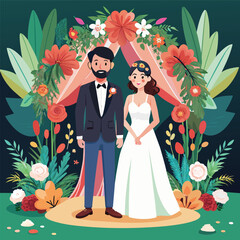 Wall Mural - Wedding couple in the garden with flowers. Vector illustration.  graphic design