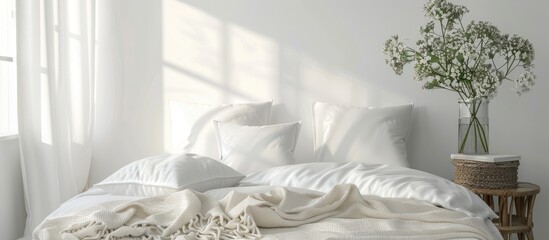 A modern bedroom with a white bed adorned with pillows, located next to a window. The room features minimalistic decor with touches of monochrome art and wood accents