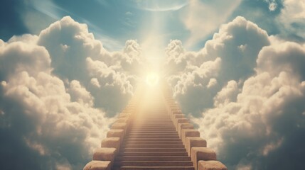 Wall Mural - Celestial stairway leading up to heavenly sky toward the light. Staircase in clouds with glowing doorway to heaven.