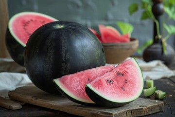 A couple of watermelons sitting on top of a cutting board, ready to be sliced, A Gelon Black Diamond watermelon on a dining table, AI Generated