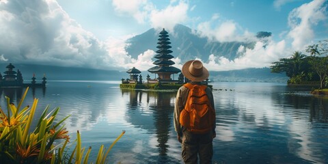 Travelers exploring the sacred  temple in the beautiful island of Bali.