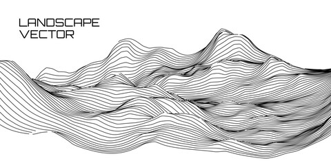 Leinwandbilder - Abstract Digital Wireframe Landscape Wire Lines. 3D Topographic Map Background Concept. Geography Concept. Wavy Lines Backdrop. Space Surface HUD Design Element. Vector Illustration.