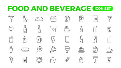 Wall Mural - Set of outline icons related to food and drink. Linear icon collection. Fast food and drinks line icons collection. Bar, restaurant, food icons. UI icon set. Thin outline icons pack.