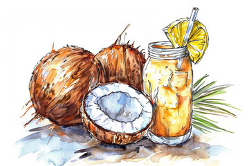 Sticker - Watercolor illustration of fresh coconuts with a tropical iced coconut drink, perfect for summer concepts, with copy space for text on the right