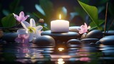 Fototapeta Kwiaty - a candle on a rock surrounded by flowers