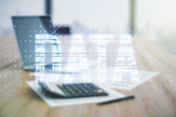 Poster - Virtual Data word sign hologram on calculator and laptop background. Multiexposure