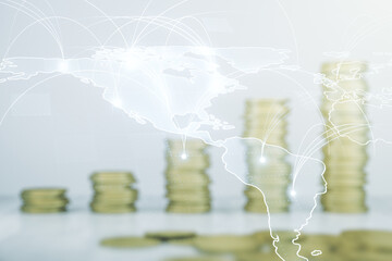 Aufkleber - Double exposure of abstract digital world map hologram with connections on growing coins stacks background, big data and blockchain concept