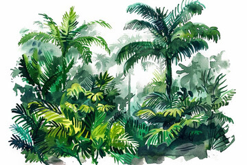  Tropical jungle watercolor background with dense green foliage and space for text, ideal for eco-tourism or summer vacation themes