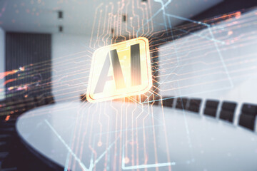 Poster - Double exposure of creative artificial Intelligence icon on a modern meeting room background. Neural networks and machine learning concept