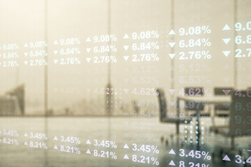 Poster - Multi exposure of abstract statistics data hologram interface on a modern furnished office interior background, computing and analytics concept